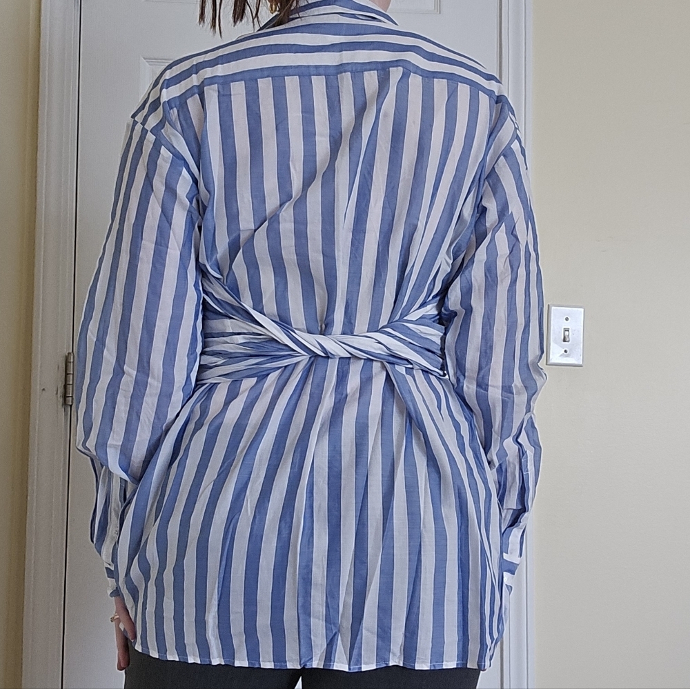 Lewit Designer Luxury Cotton Blue Striped Tie Waist Women's Blouse Medium - Picture 7 of 12